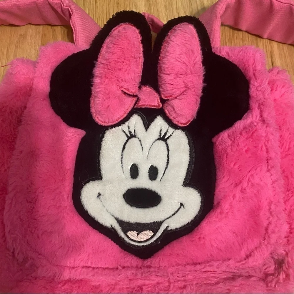 Disney Minnie Mouse Furry Fuzzy Book Bag Back Pack Rainbow Strap Kids